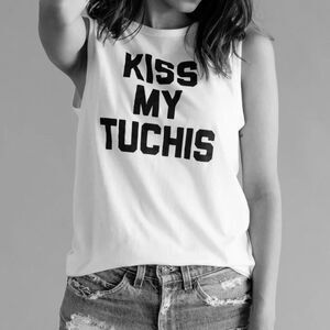 Unkosher Market KISS MY TUCHIS White Tank Top Black Spellout Cotton Size Large